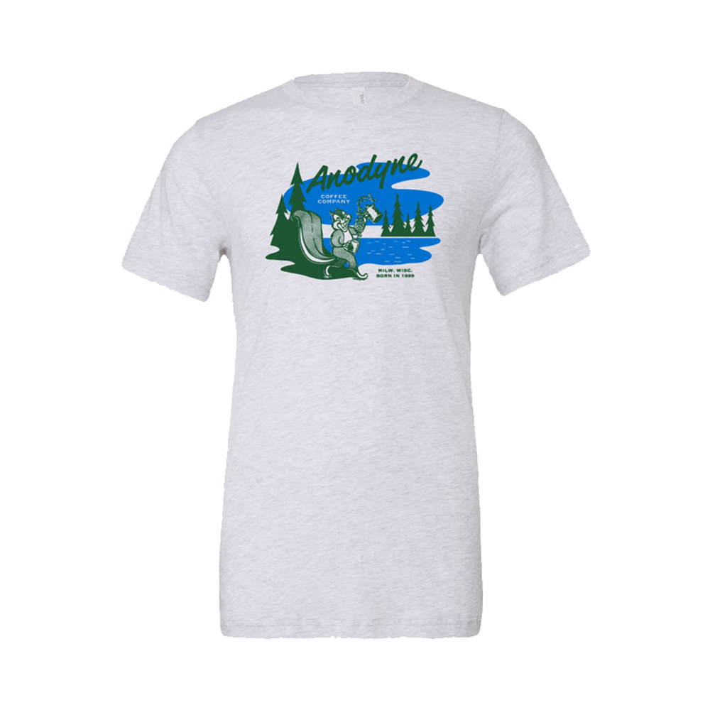 Camping Squirrel Tee (White Fleck) - Anodyne Coffee Roasting Co.