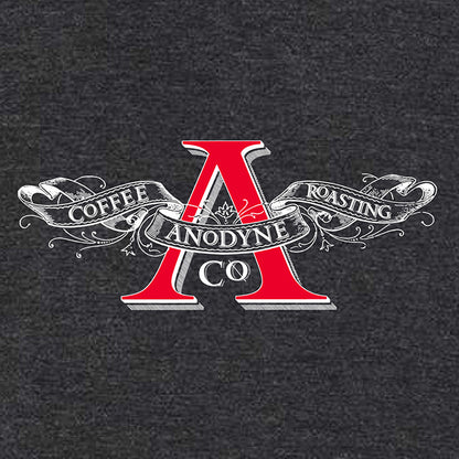 Closeup Anodyne Coffee Roasting Co 'banner logo' long-sleeve t-shirt.