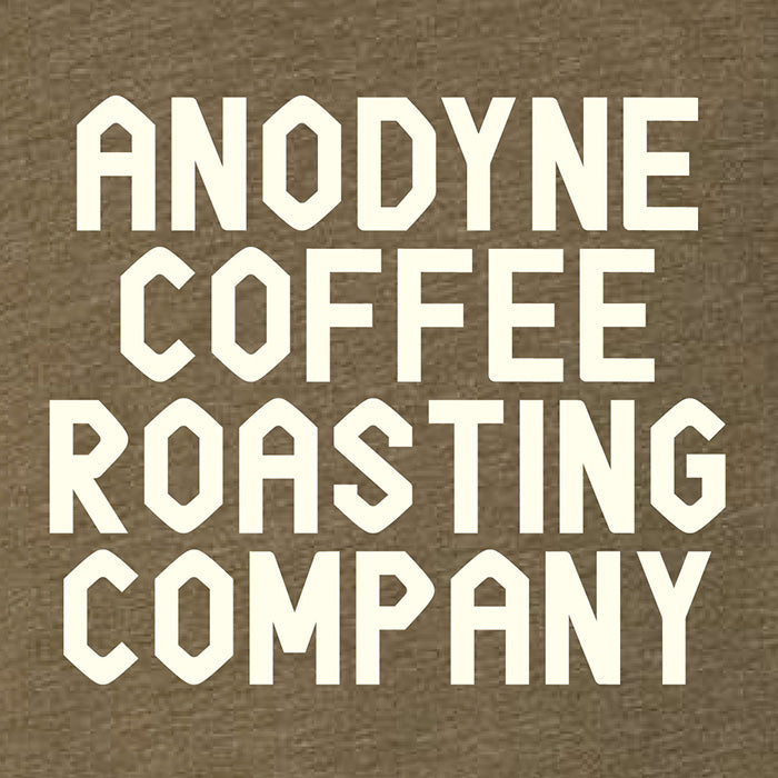 Closeup olive green 'Anodyne Coffee Roasting Company' T-shirt